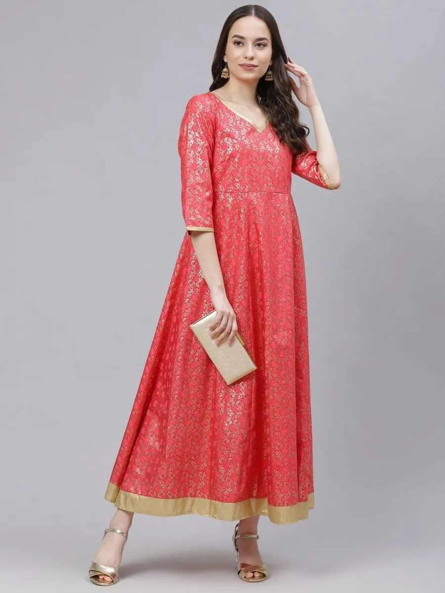 AURELIA Coral Pink & Golden Ethnic Motifs A-Line Maxi Dress