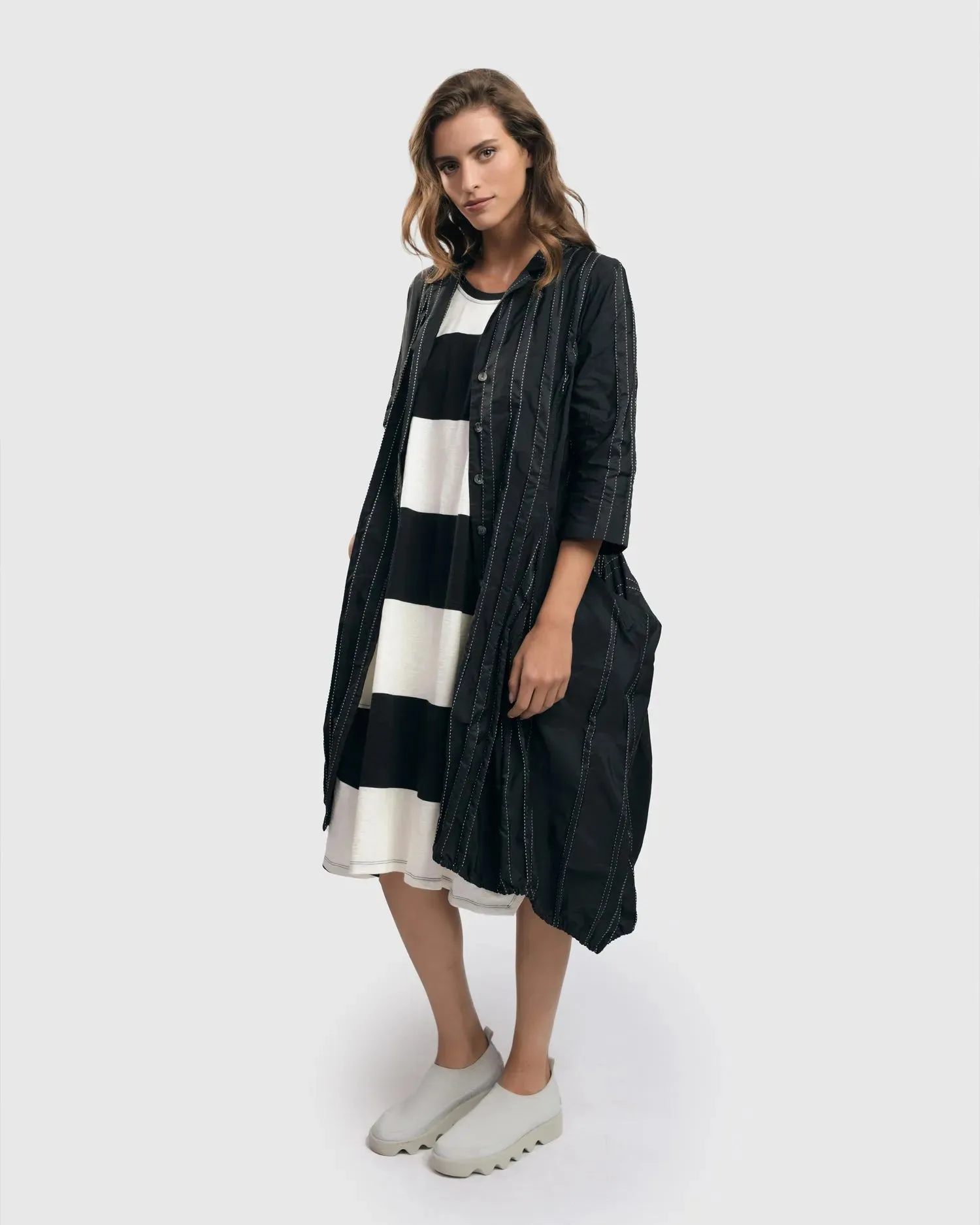 Ayla Stripe Cocoon Dress, White/black