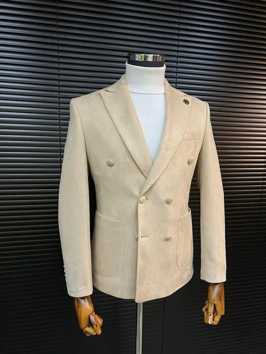 Beige Double-Breasted Velvet Blazer SCB-222