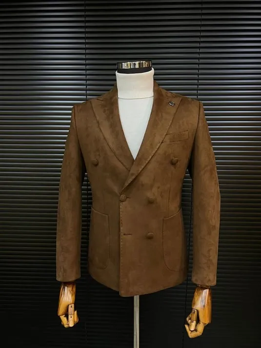 Dark Brown Double-Breasted Velvet Blazer SCB-221