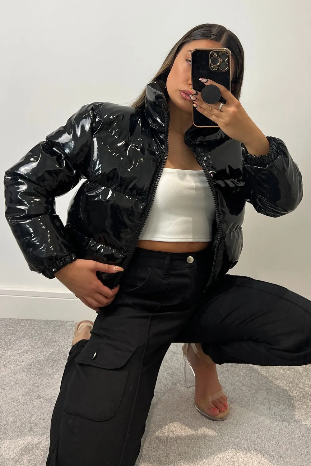 Iris Black Vinyl Cropped Puffer Jacket