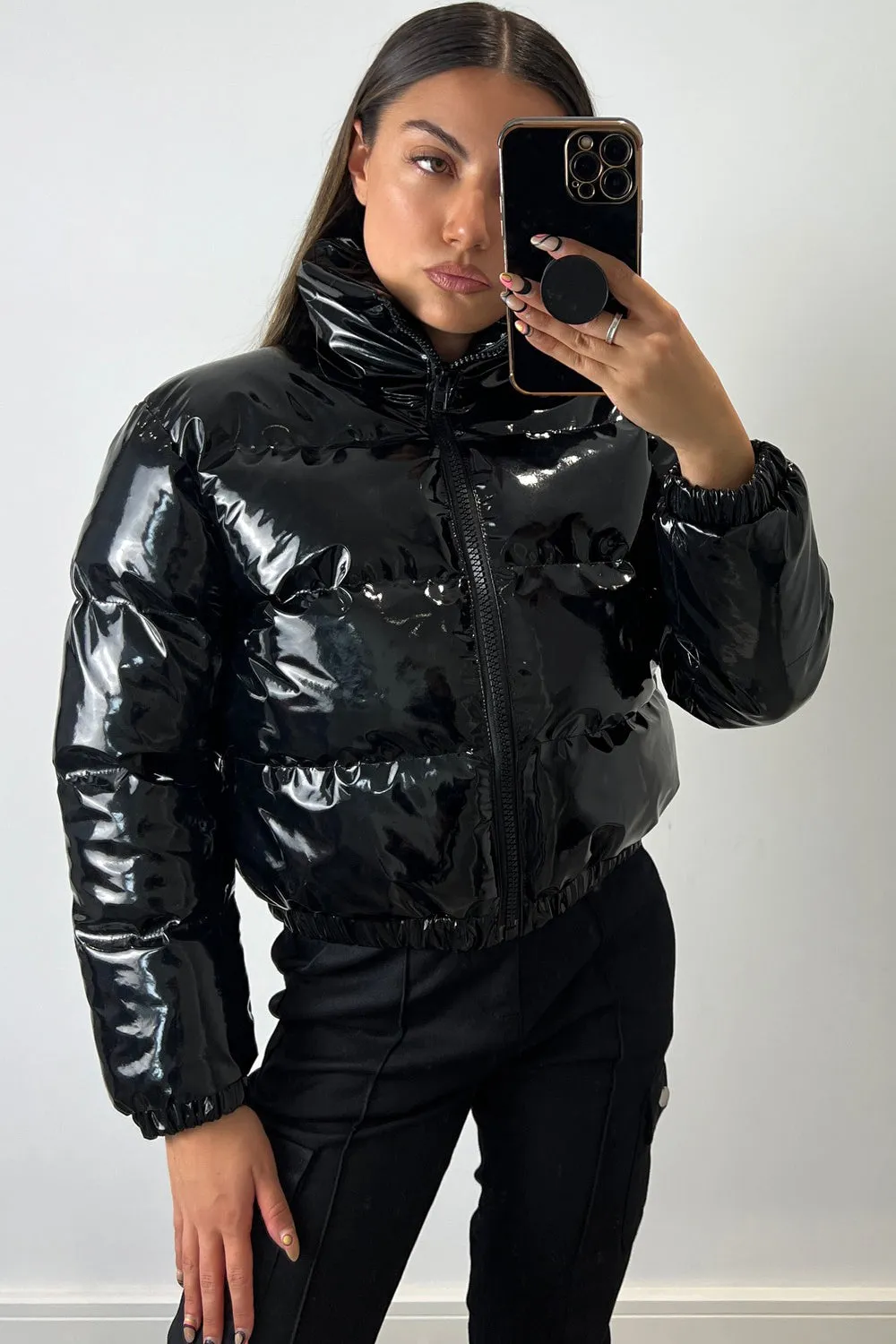 Iris Black Vinyl Cropped Puffer Jacket