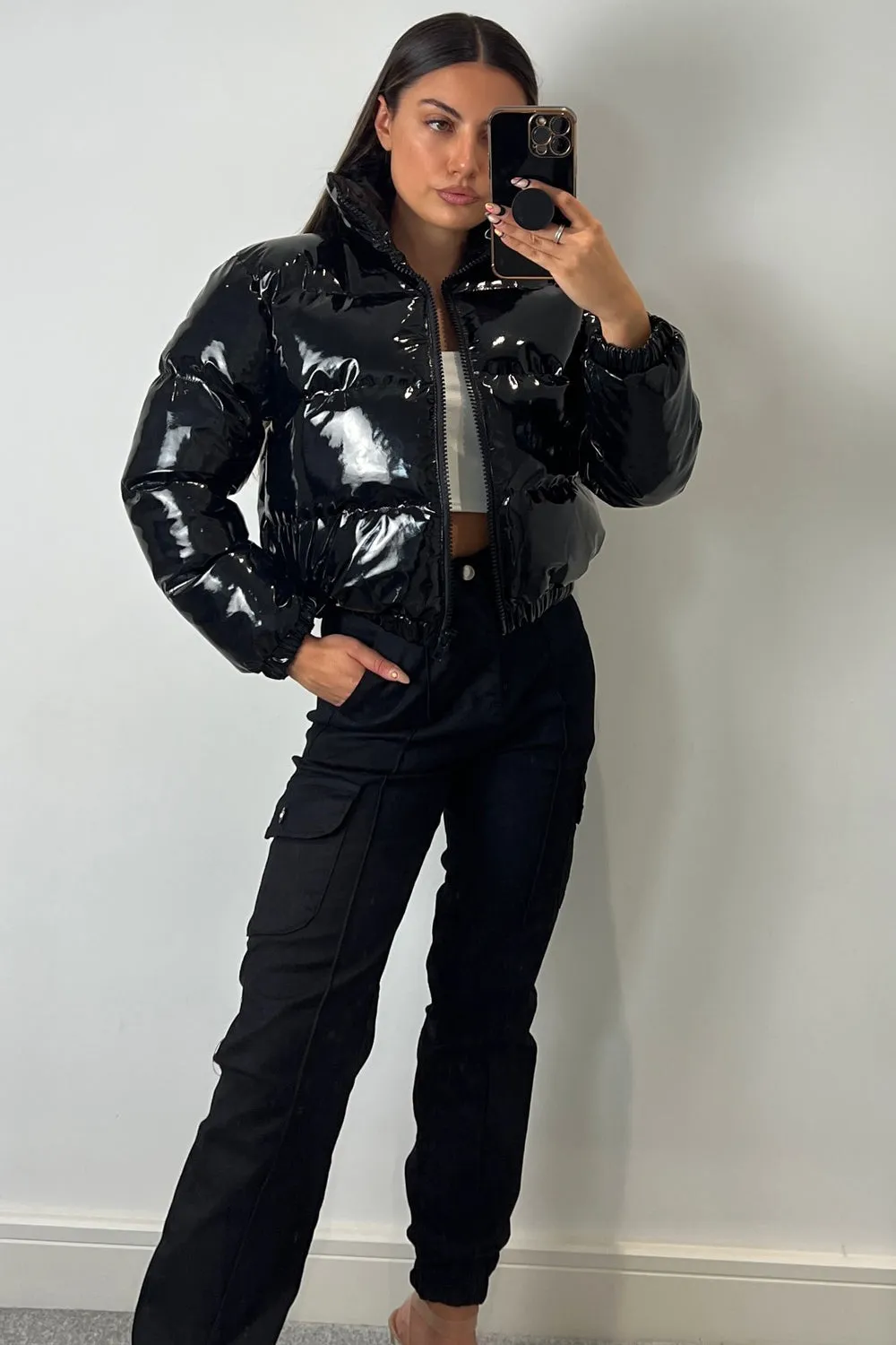 Iris Black Vinyl Cropped Puffer Jacket