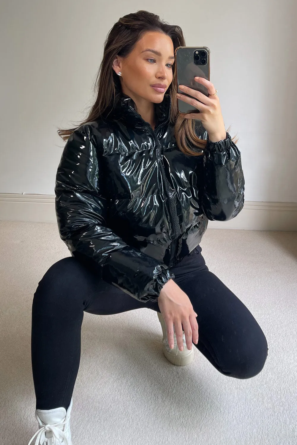 Iris Black Vinyl Cropped Puffer Jacket