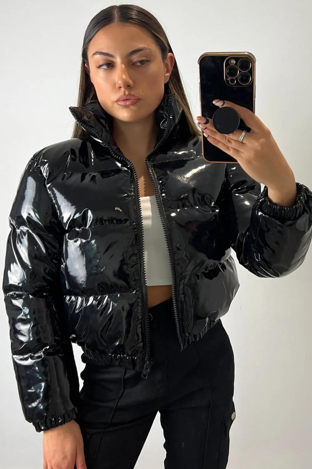 Iris Black Vinyl Cropped Puffer Jacket