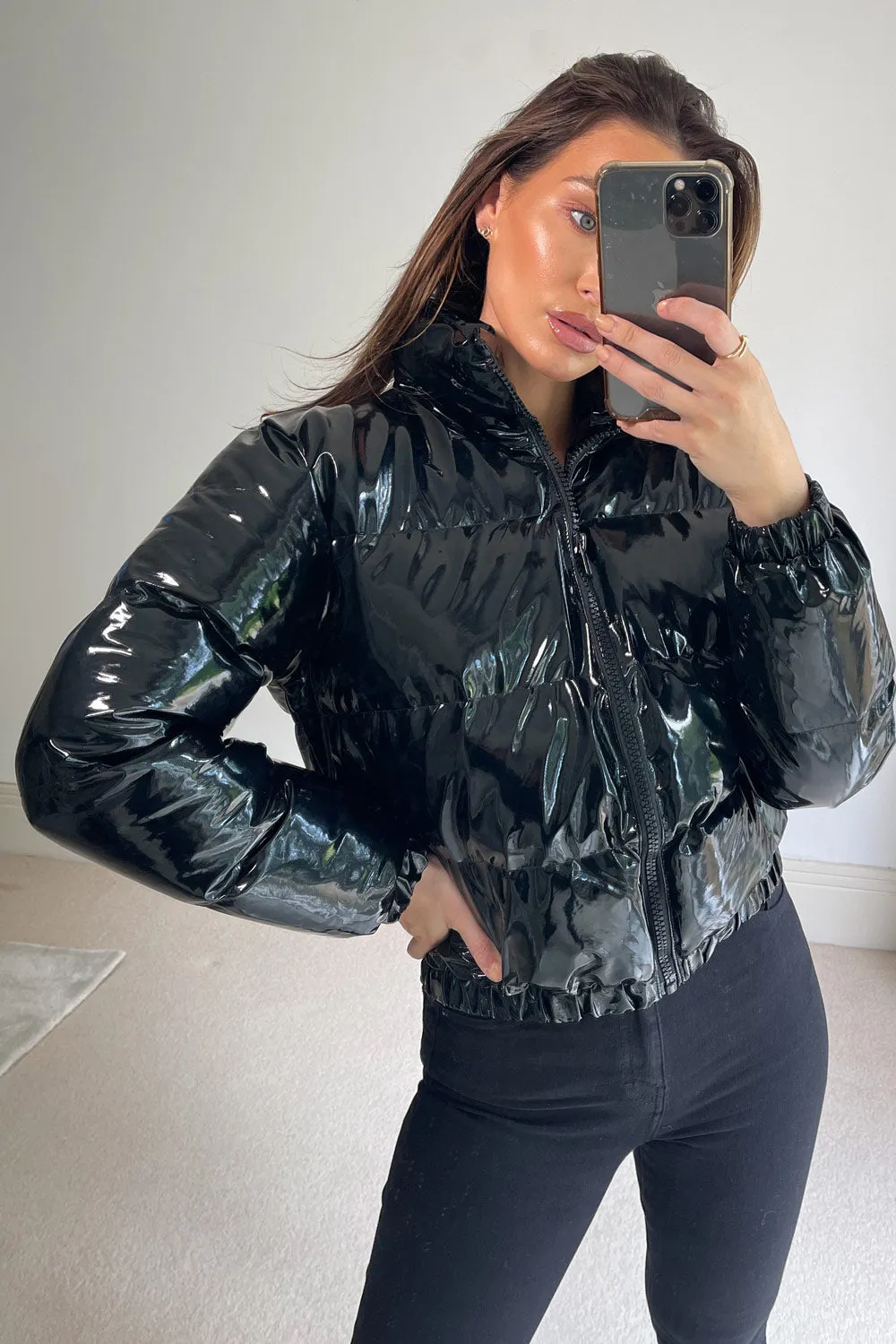 Iris Black Vinyl Cropped Puffer Jacket