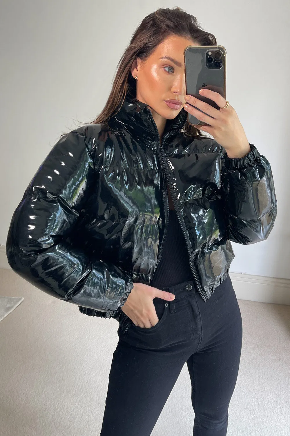 Iris Black Vinyl Cropped Puffer Jacket