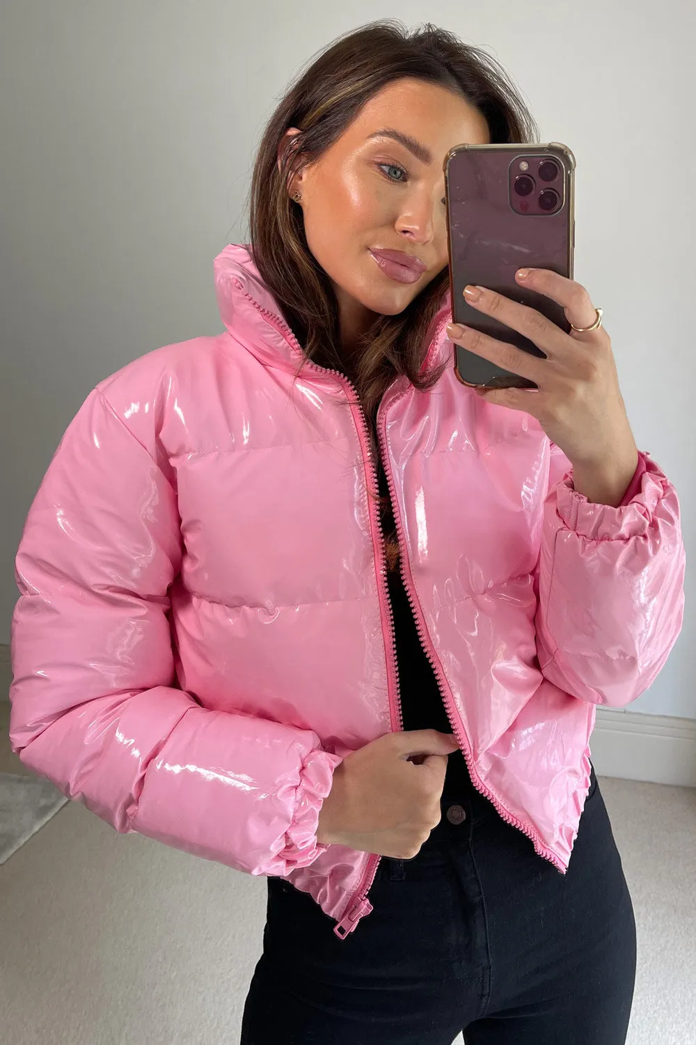 Iris Pink Vinyl Cropped Puffer Jacket