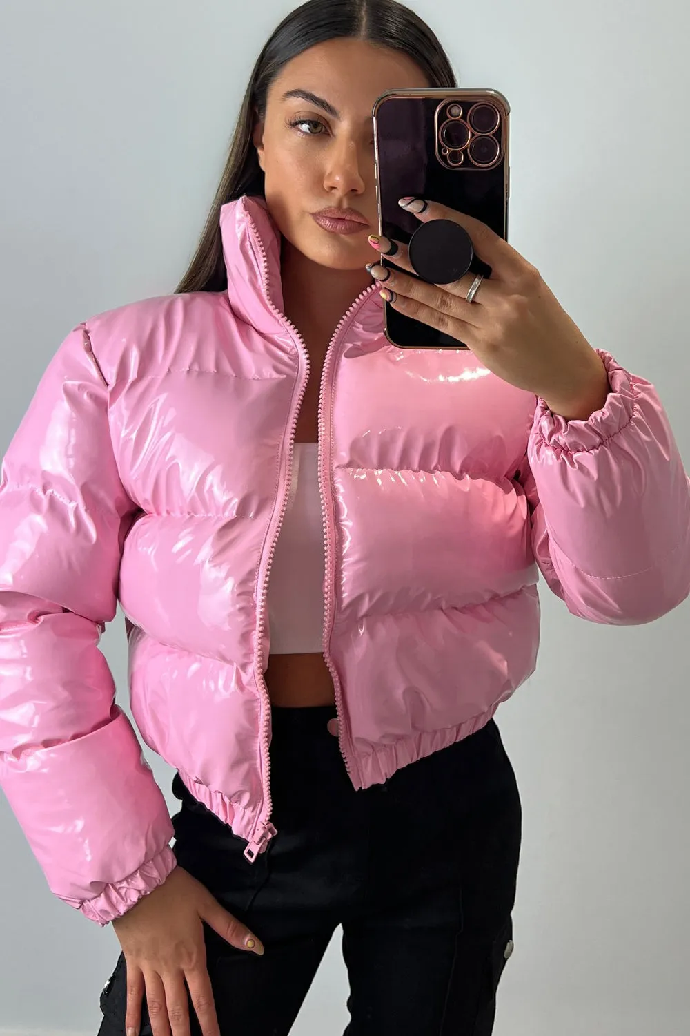 Iris Pink Vinyl Cropped Puffer Jacket