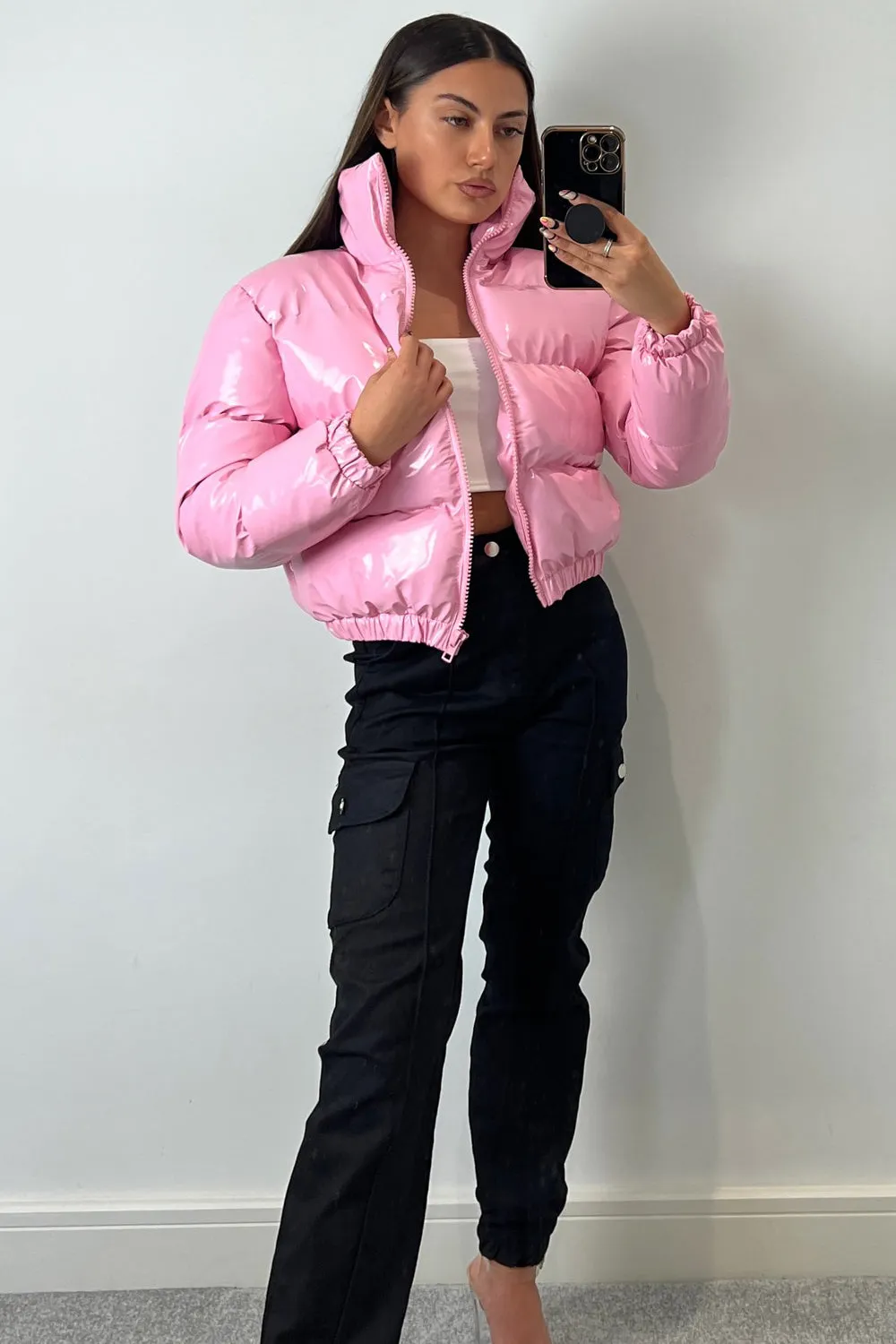 Iris Pink Vinyl Cropped Puffer Jacket