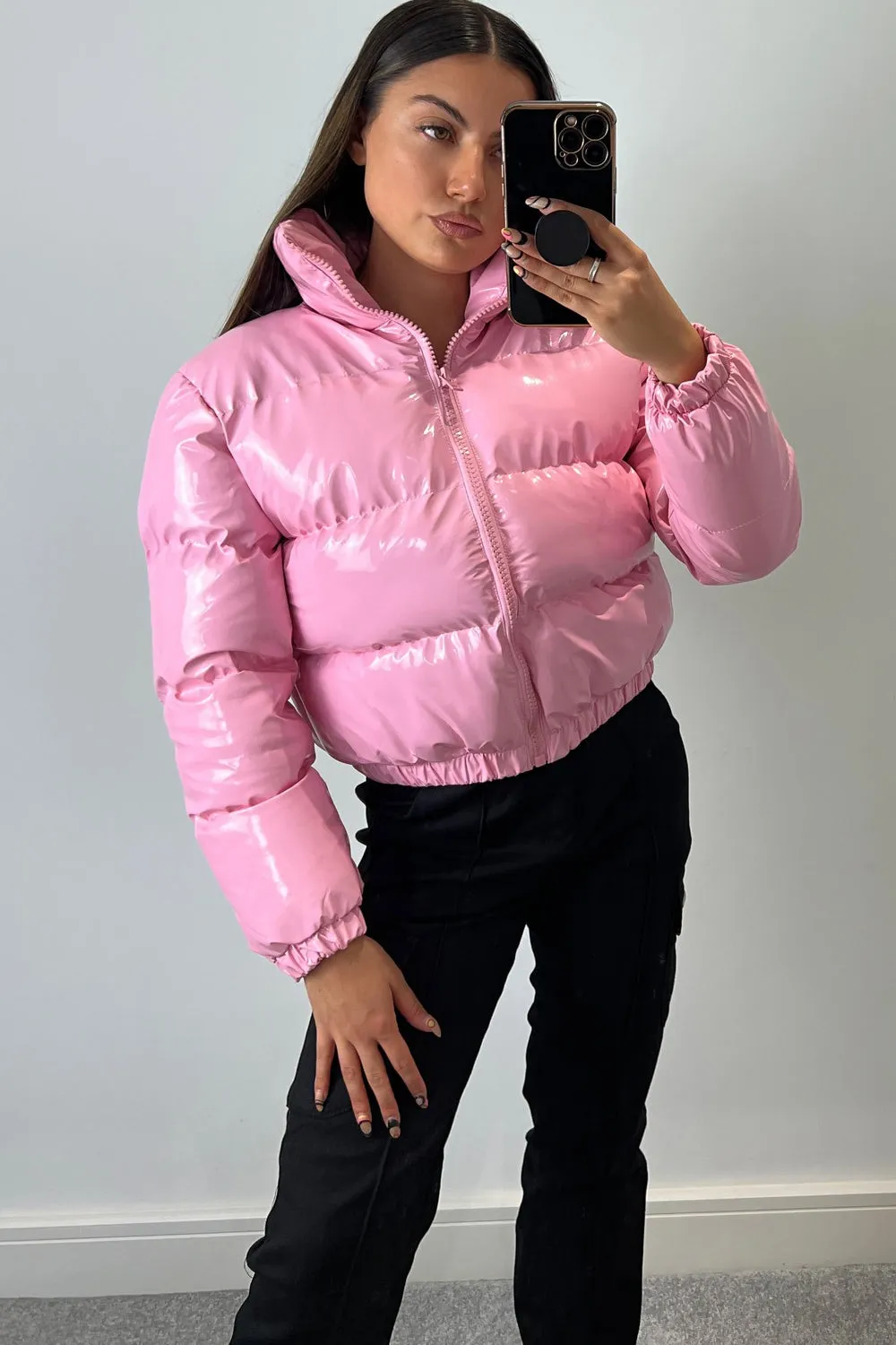 Iris Pink Vinyl Cropped Puffer Jacket