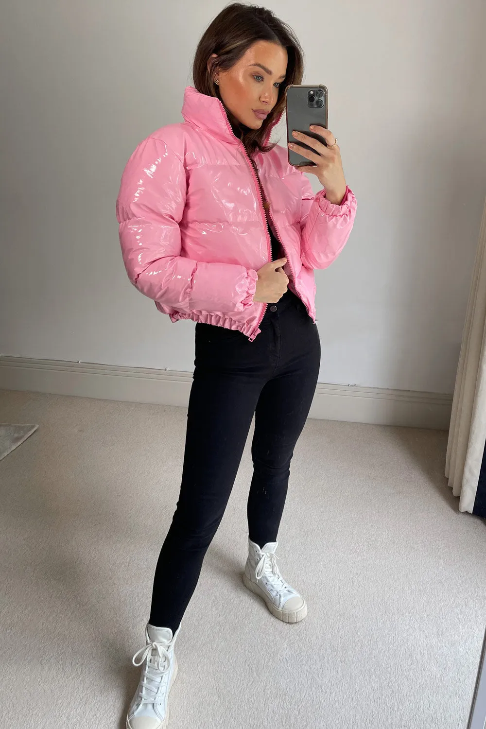 Iris Pink Vinyl Cropped Puffer Jacket