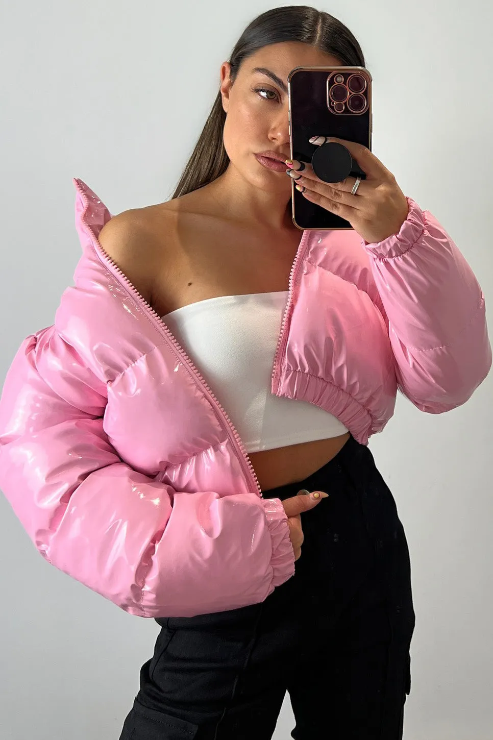 Iris Pink Vinyl Cropped Puffer Jacket