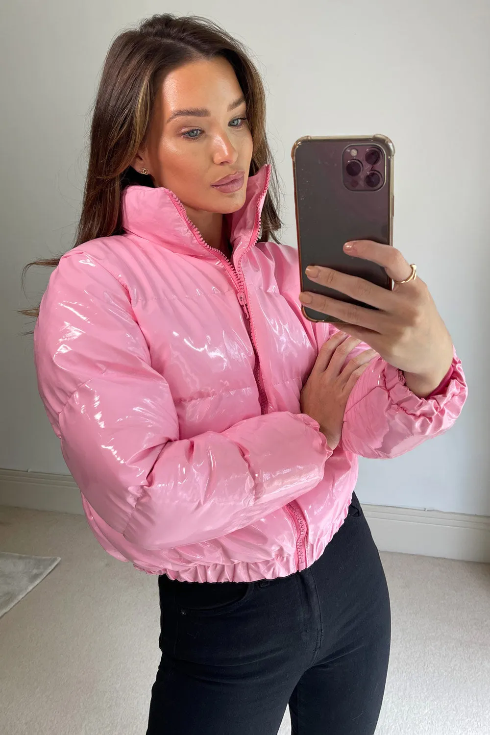 Iris Pink Vinyl Cropped Puffer Jacket