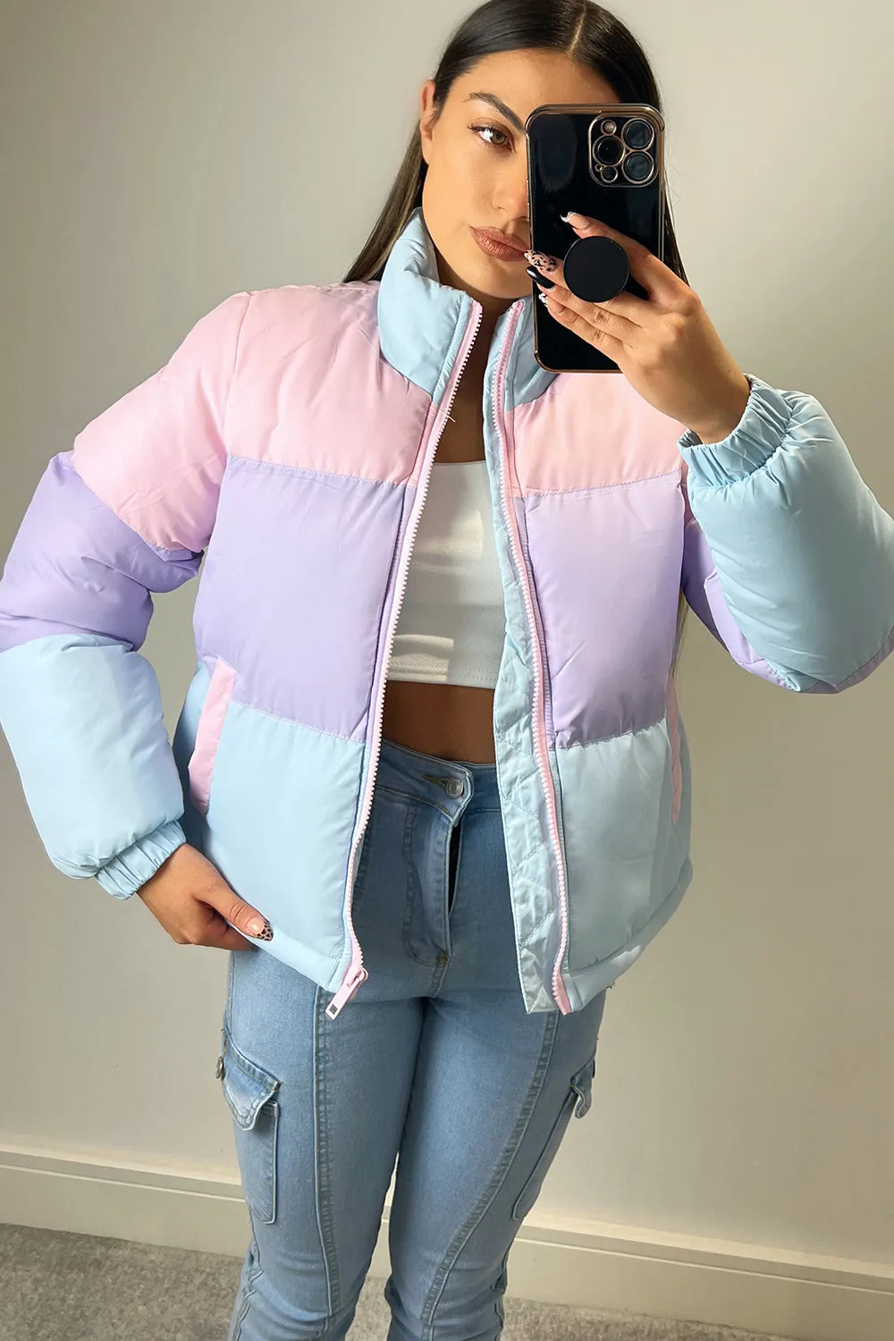 Jamila Multi Pastel Colour Block Puffer Coat