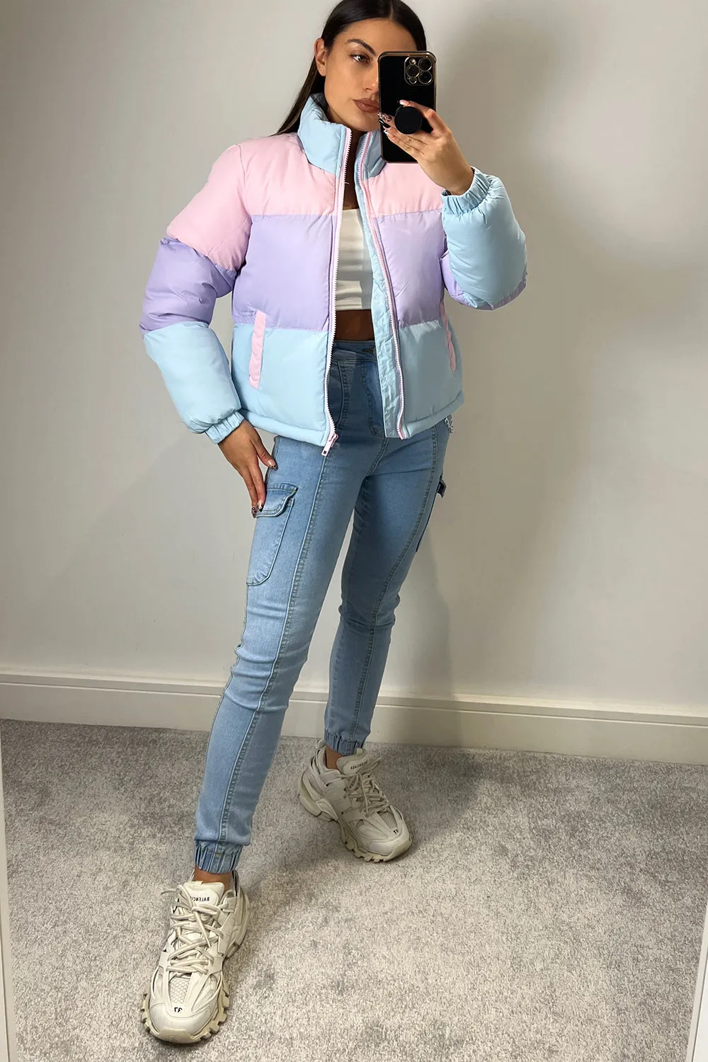 Jamila Multi Pastel Colour Block Puffer Coat