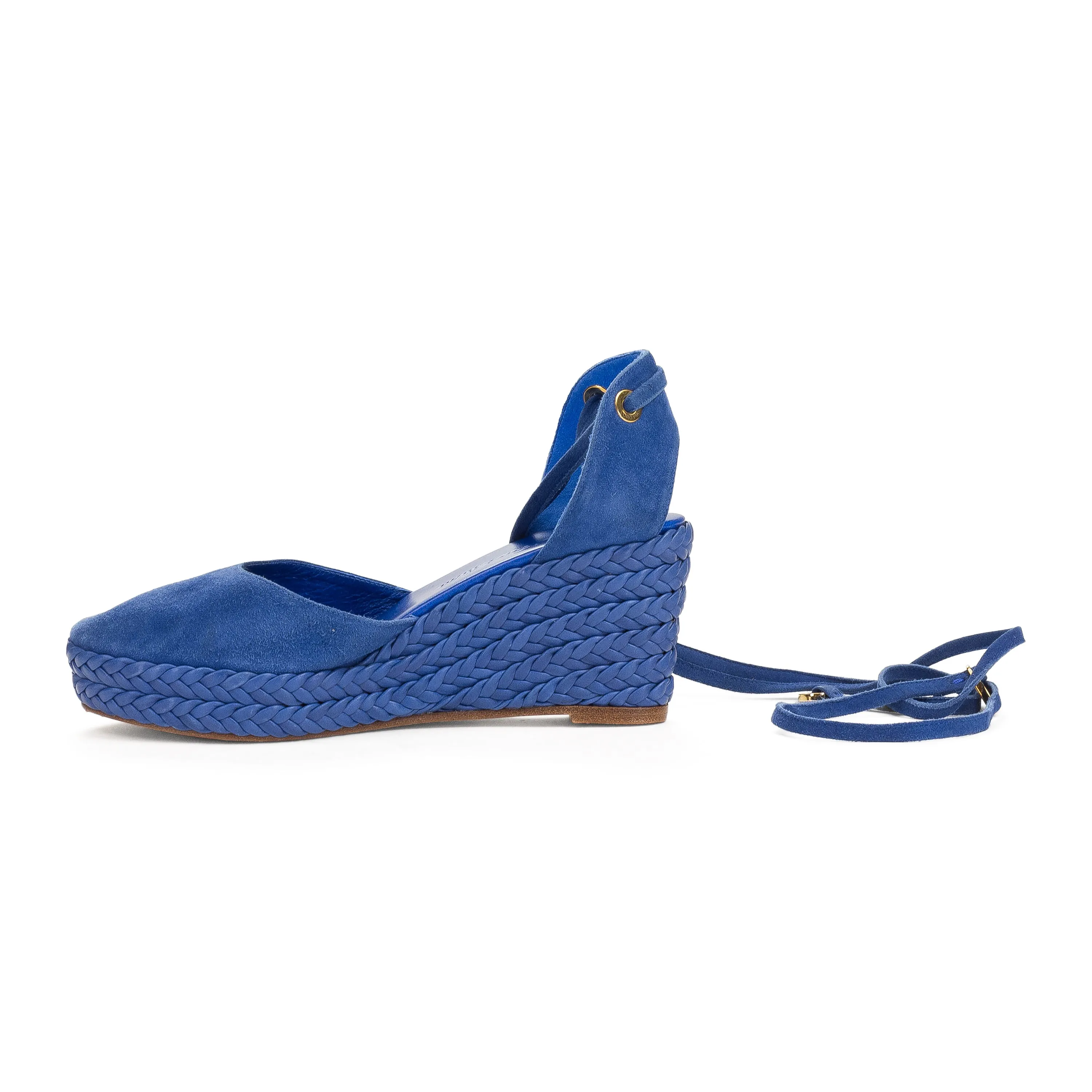 SUEDE BRAIDED ACCENTS D'ORSAY BLUE WEDGE HEELS