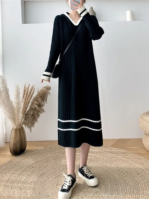 Urban Coffee Hooded V-Neck Long Sleeve Striped Knit Dress AN1051