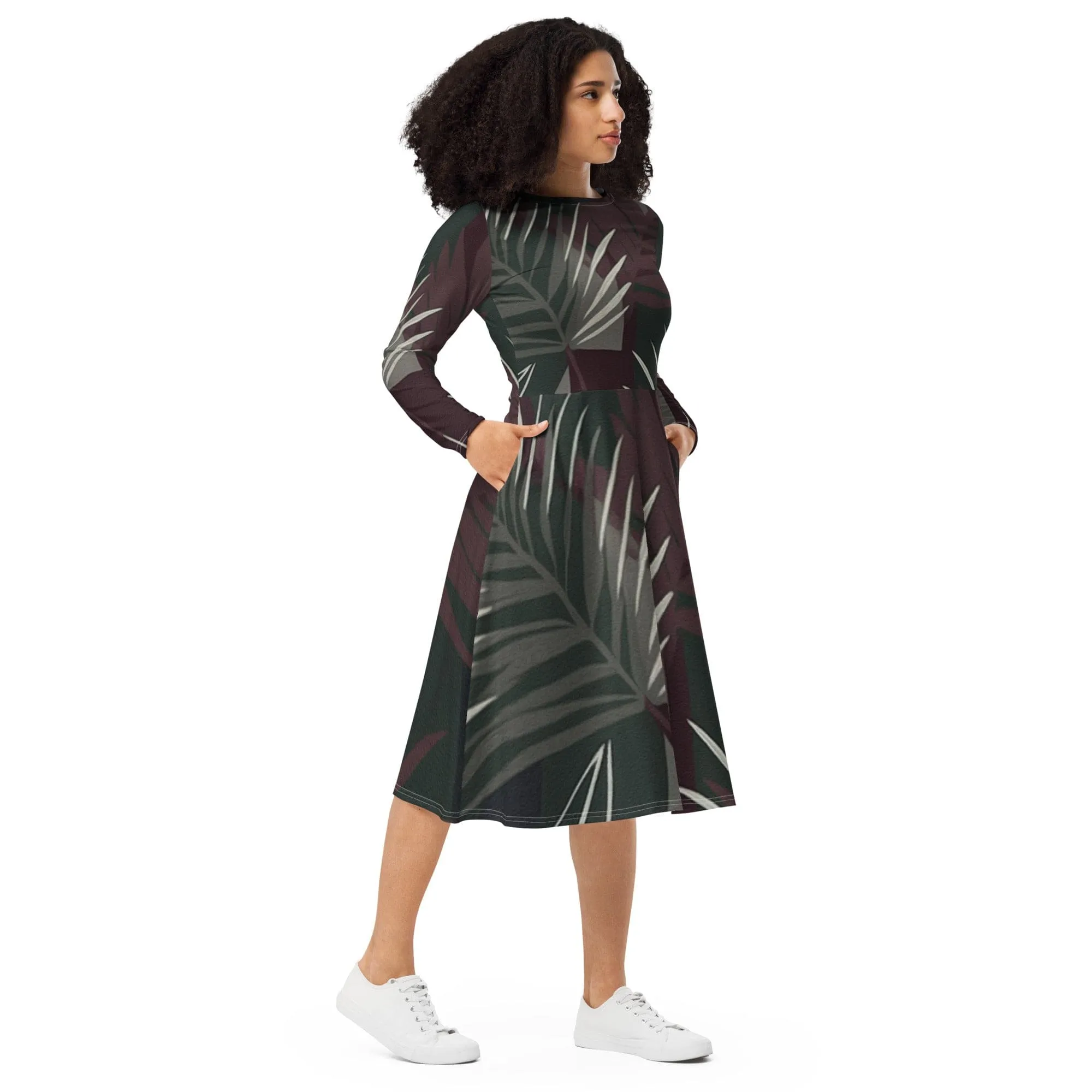 Womens Long Sleeve Midi Dress - Palm Tree Leaves Maroon Green