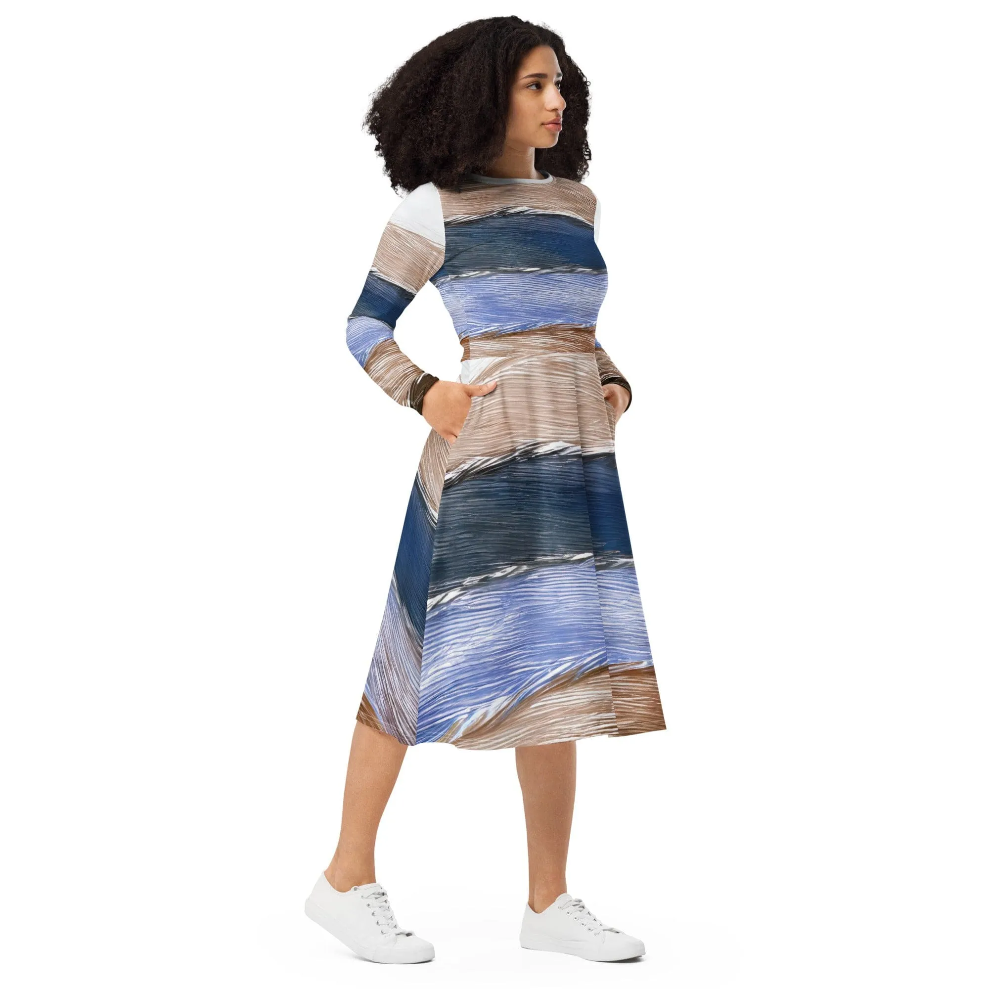 Womens Long Sleeve Midi Dress - Rustic Hues Pattern