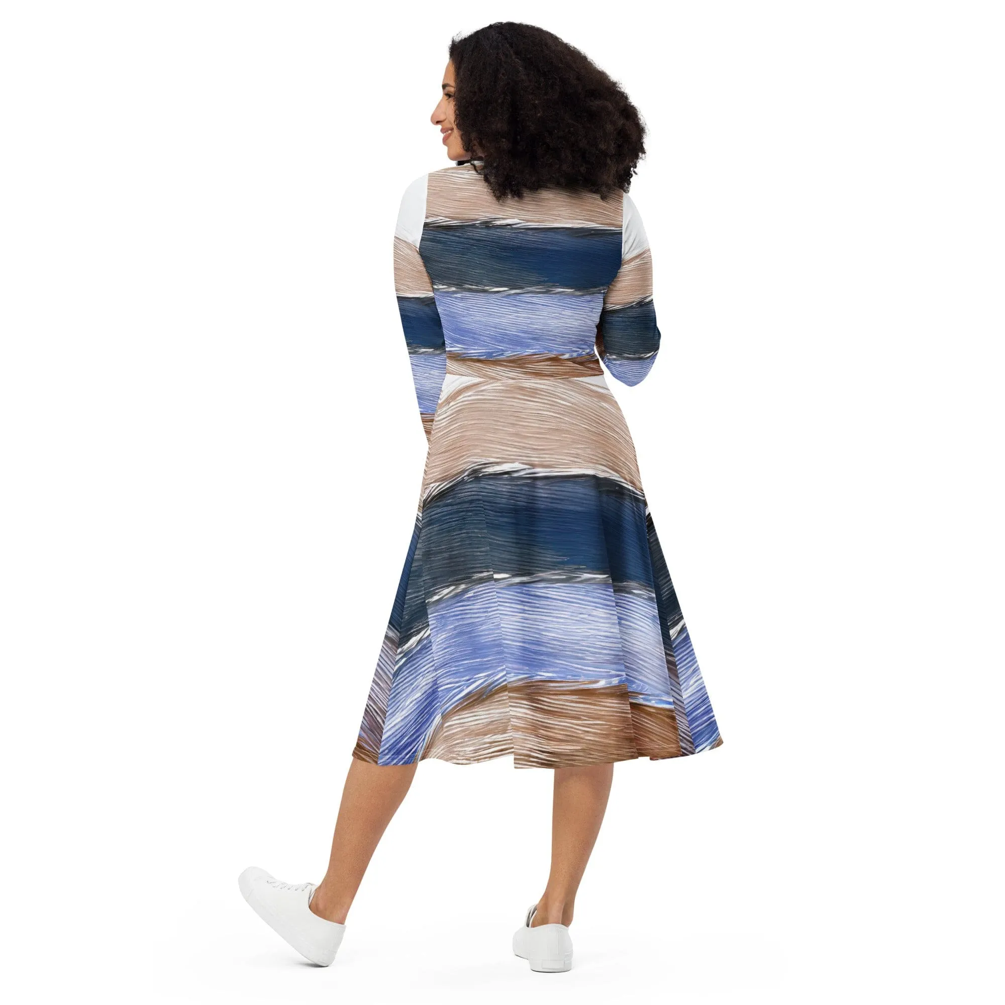 Womens Long Sleeve Midi Dress - Rustic Hues Pattern