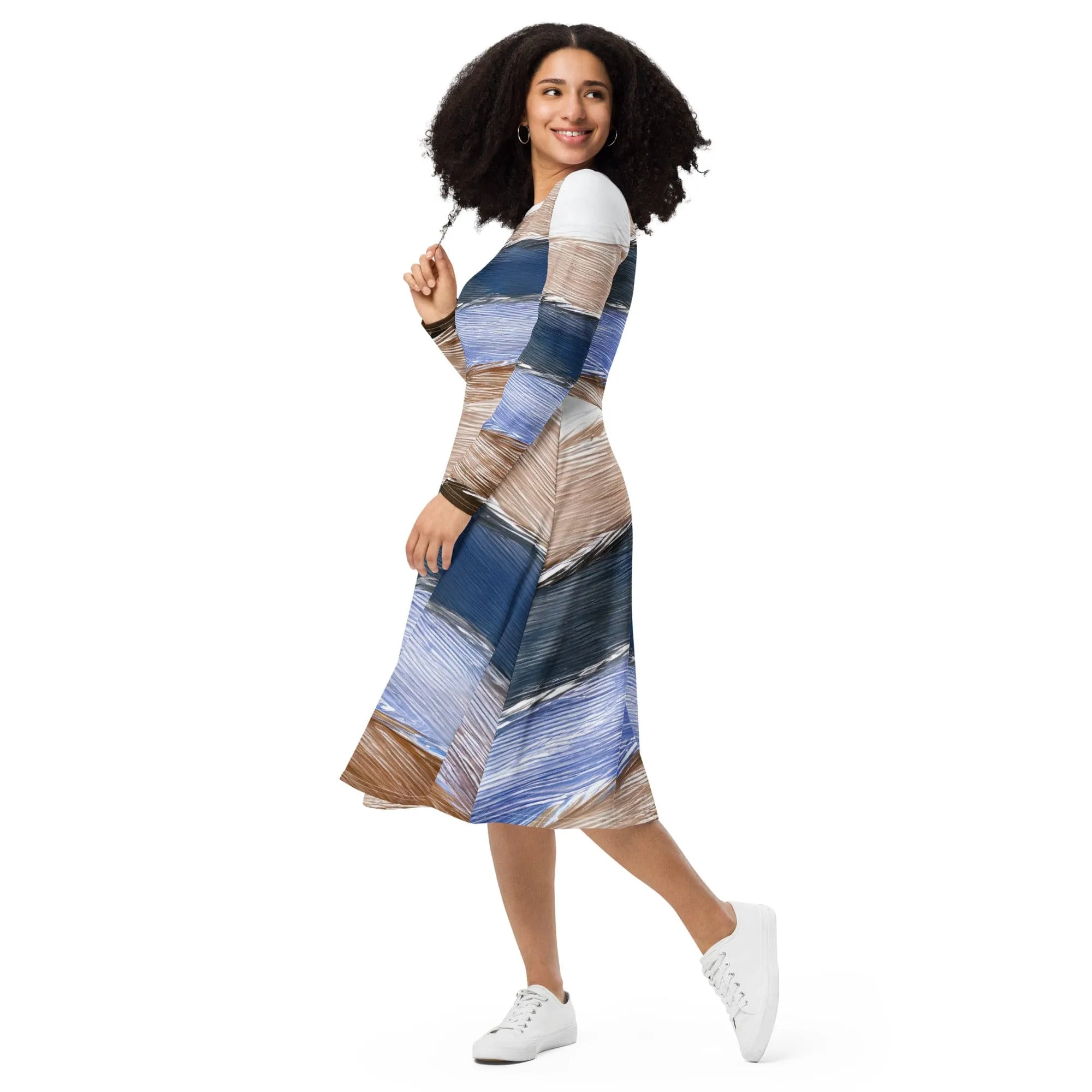 Womens Long Sleeve Midi Dress - Rustic Hues Pattern