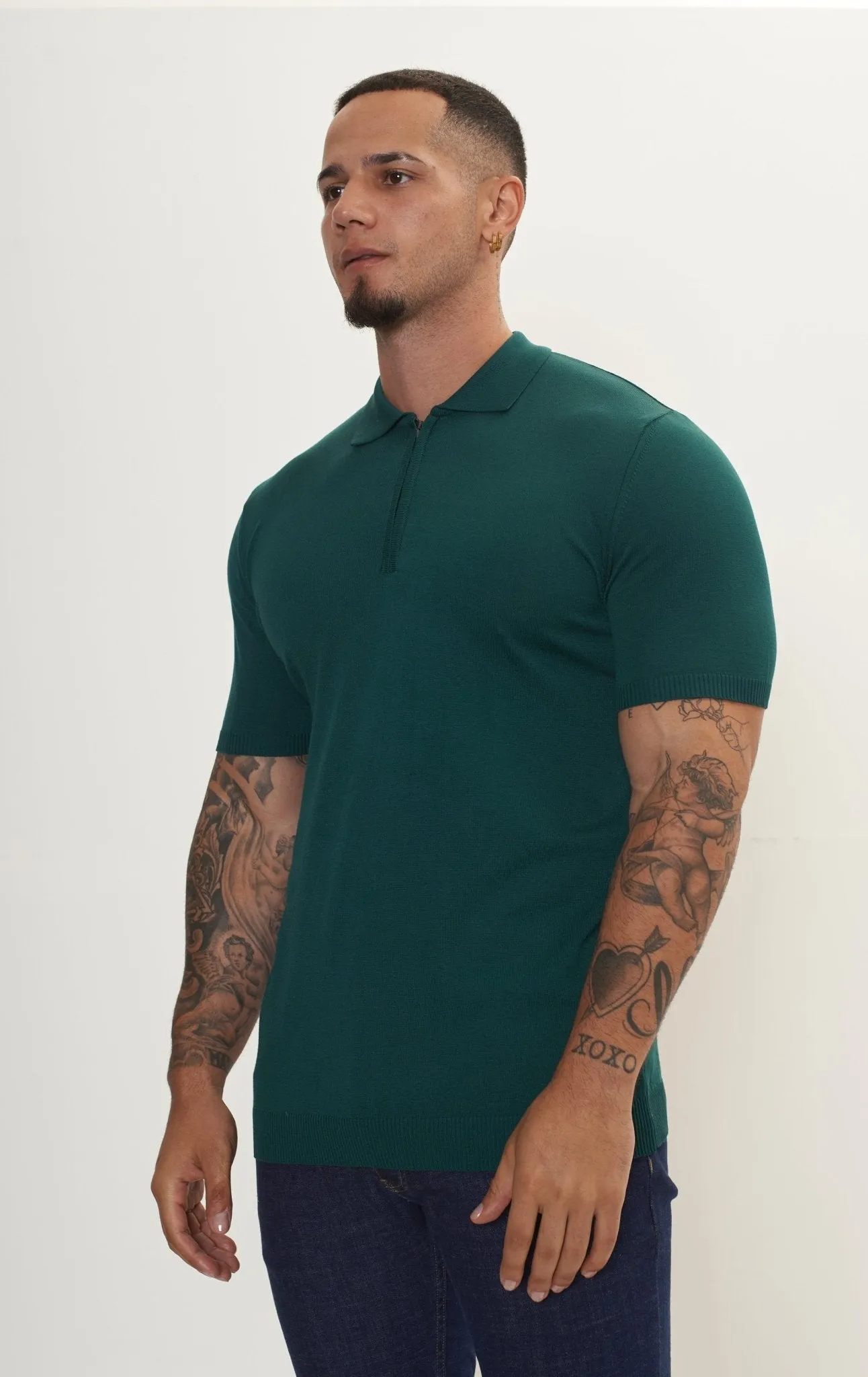 Zipper Closure Lightweight Polo Tee - Green
